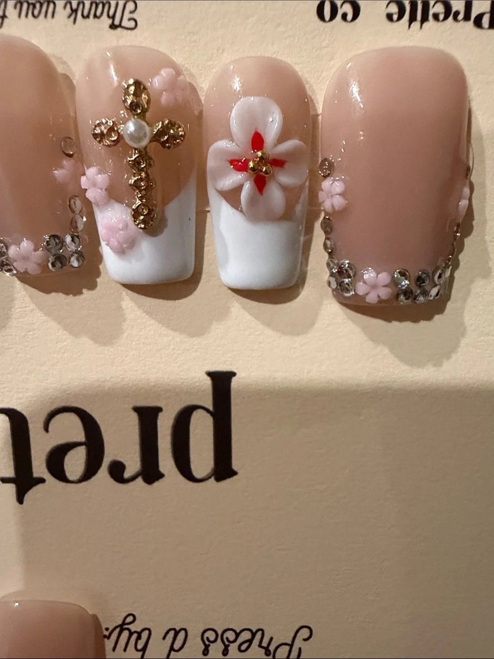Nude & White French tip 3D Floral handmade acrylic Press-On Nail